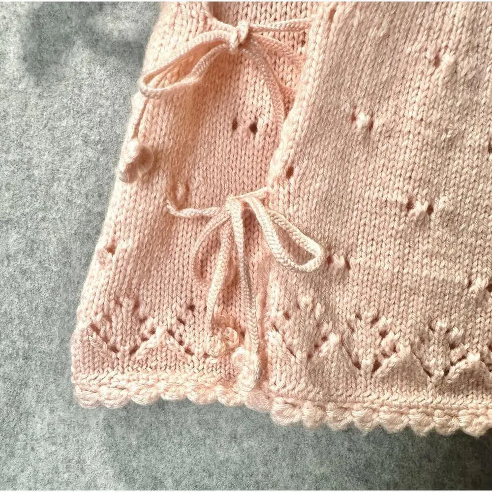 Toddler Girl Knitted Vest Pink String Closure String Eyelets Openwork Lace